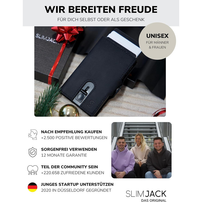 Чоловічий смарт-гаманець SLIMJACK з відділенням для монет та RFID-захистом, шкіряний тримач для кредитних карток з алюмінієвим корпусом, чорний