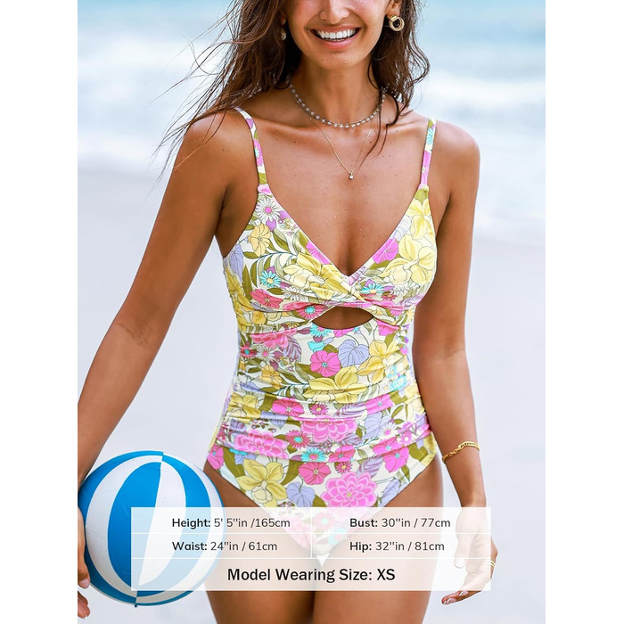 Купальник CUPSHE Daen з V-подібним вирізом, ефект зав'язування, корегуючий, з декоративними вирізами, суцільний (XS, жовтий/рожевий/квіти)