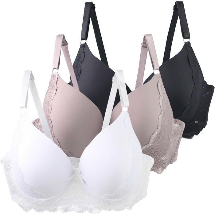 3 шт. бюстгальтери XCXC для жінок з кісточками, великі розміри, Push-Up, мереживо, регульовані бретелі, дихаючі, комфортні, для щодня та відпочинку (білий+хакі+чорний), 95C