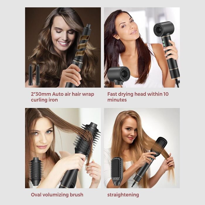 Мультистайлер для волосся 6 в 1 MogaWave Hairstyler Pro Airbrush: стайлер-фен з насадками для об'єму, завивки та випрямлення волосся, чорний