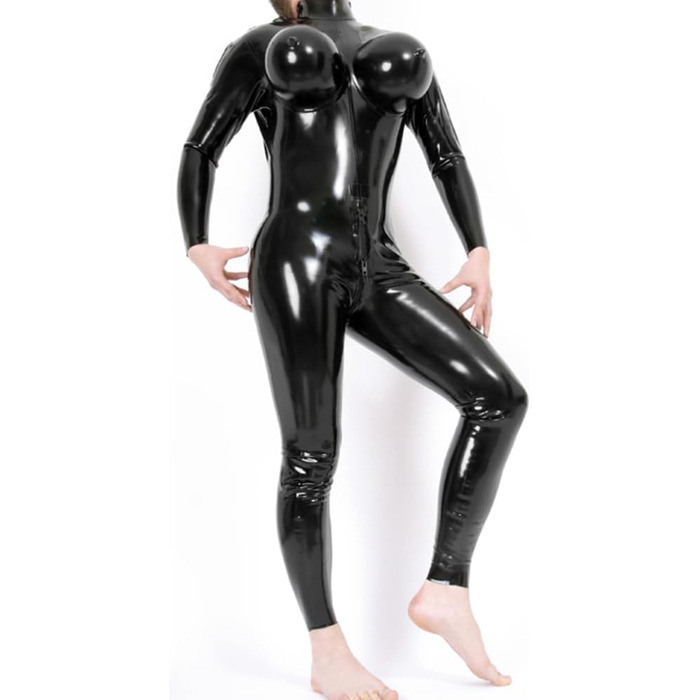 Чорний латексний комбінезон унісекс Wetlook з 3D-надувною грудьми та блискавкою в зоні промежини. Костюм-комбінезон для вечірок, обтягуючий, глянцевий, XS