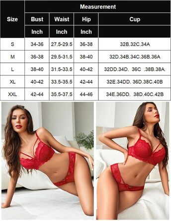 Avidlove Комплект жіночої білизни з мережива, сексуальний бюстгальтер з кісточками та трусики Push up, мереживний комплект, сексуальна білизна, вишуканий вигляд, червоний, XXL