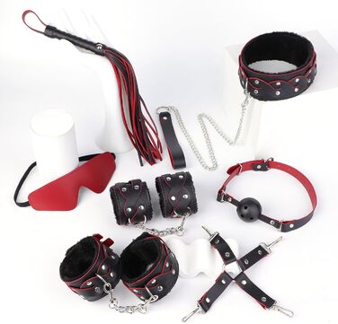Набір для БДСМ для пар: 7 предметів (плюшеві наручники, пов'язка на очі, батіг, пристосування для фіксації рота, регульовані). Інтимні іграшки для пар (рожевий, чорний)