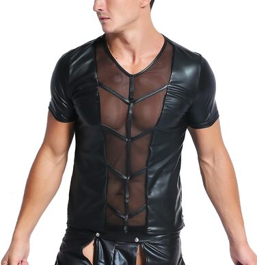 Чоловіча сорочка з еластичної шкіри з сітчастою вставкою. Стильна футболка-майка з ефектом лакованої шкіри, чорного кольору. Slim Fit, короткий рукав, для клубів, літня модель, обтягуюча. XL