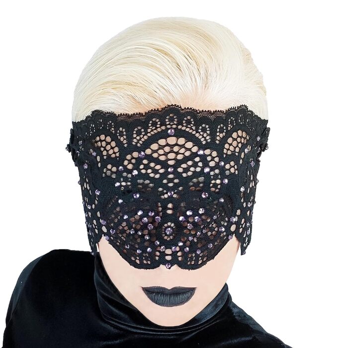 Чорна мереживна маска для жінок з чорними стразами, елегантна маска на пів обличчя, маска для маскарату та карнавалу, мереживна вечірня маска з гумкою (Чорний (фіолетові стрази))