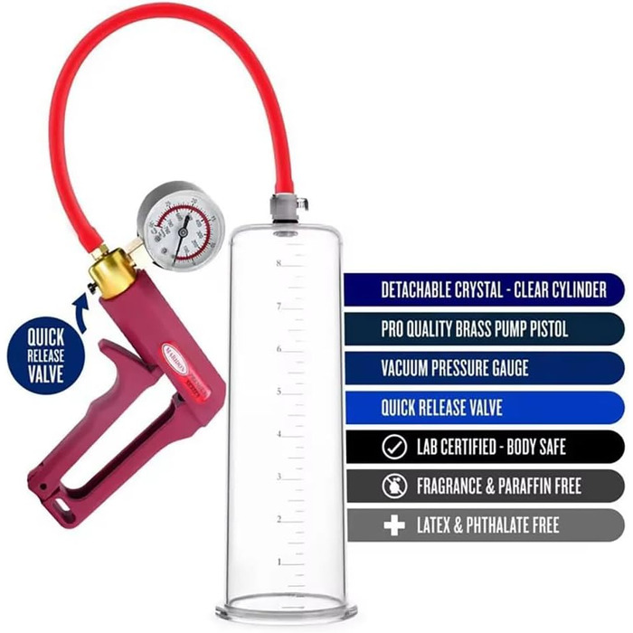 Насос для збільшення пеніса Guspiun з манометром та ручкою. Тренажер для потенції, збільшення розміру та покращення ерекції. Червоний