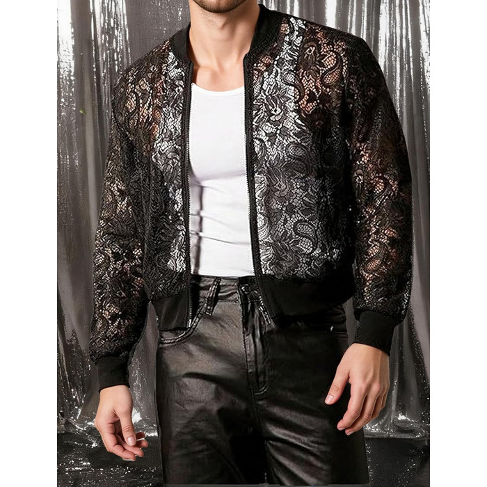 Чоловіча мереживна куртка AIEOE з довгим рукавом, сітчаста сорочка, топ для вечірок, клубної моди, прозора блейзер, сітчаста сорочка для нічного клубу, карнавалу, чорного кольору