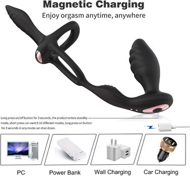 Вібратор для чоловіків 3-в-1: масажер простати, анальний плагін та кільце для статевого члена. 9 режимів вібрації, дистанційне керування.