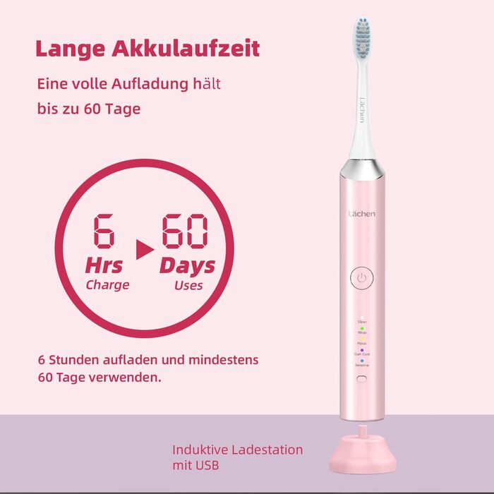 Електрична сонічна зубна щітка Lächen, 5 режимів роботи, рожева — з дорожнім футляром, 4 насадками, USB-зарядкою та таймером, водонепроникна IPX7
