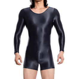 Чоловічий боді з прозорої тканини з довгими рукавами, бікіні-сліп, еластичний боді, глянцевий, шовковистий, комбінезон, чорний, XL