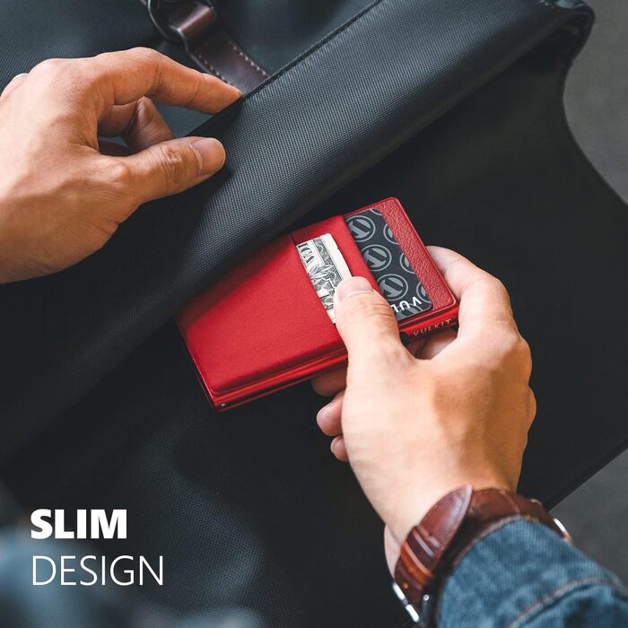 Стильний металевий гаманець для карток VULKIT з RFID-захистом, Pop-Up механізмом, EDC-відсіками та вікном для ID-картки, червоний