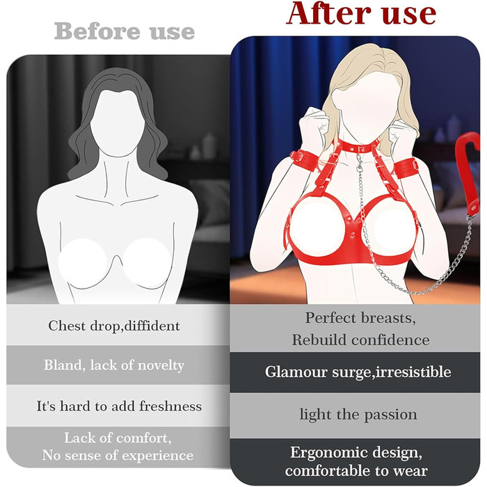 Набір BDSM 6-в-1: наручники, шлея для тіла, чіп, батіг, маска для очей, мотузки для фіксації. Для пар. Червоний колір.