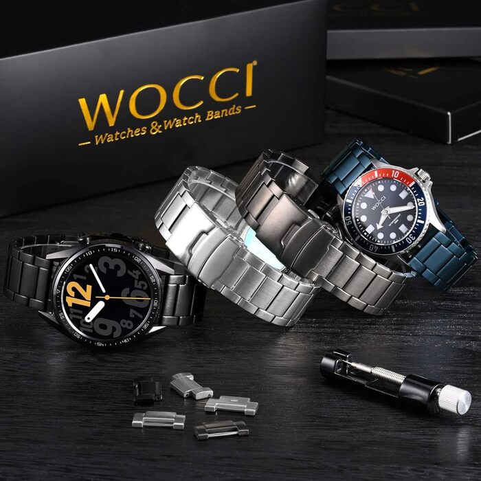 Сталевий ремінець для годинника WOCCI з нержавіючої сталі 316L, застібка-фальц, чорний, ширина 22 мм