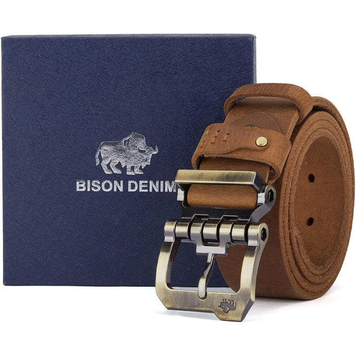 Шкіряний ремінь чоловічий BISON DENIM коричневий, 38 мм, ретро-стиль для джинсів та бізнес-одягу, з металевою пряжкою та подарунковою коробкою (105 см, W71792)