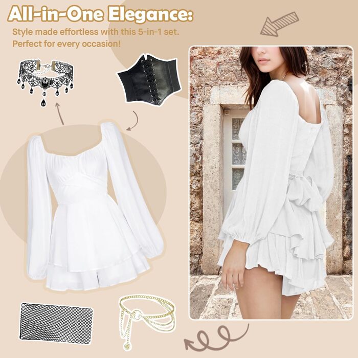 Костюм пірата для жінок, 5 предметів: сукня, таліювання, намисто, пояс, панчохи. Ідеально для Хелловіну, карнавалу, вечірок