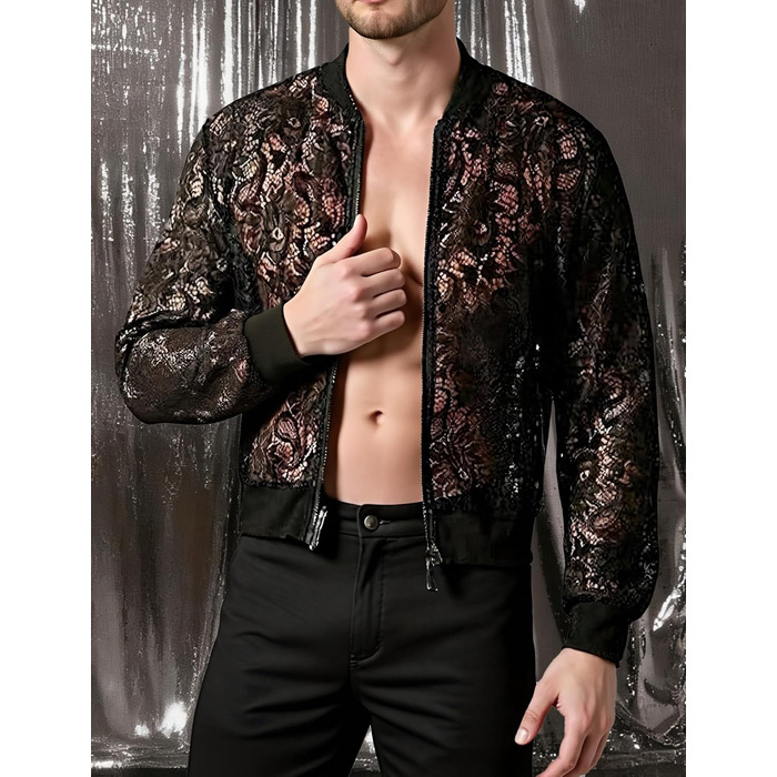 Чоловіча мереживна куртка AIEOE з довгим рукавом, сітчаста сорочка, топ для вечірок, клубної моди, прозора блейзер, сітчаста сорочка для нічного клубу, карнавалу, чорного кольору