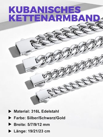 Чоловічий браслет Richsteel Cuban Link зі сталі 316L, ланцюг у стилі хіп-хоп (сріблястий, 5 мм, 23 см) — подарункова упаковка