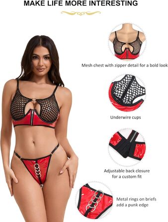 Сексуальний комплект нижньої білизни: мереживний бюстгальтер з ремінком та трусики. Бюстгальтер з кісточками, на блискавці, висока талія, лак, прозорий, чорно-червоний, великі розміри S-2XL