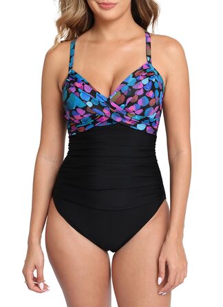 Купальник жіночий Halcurt з животом, з чашками, збоку виріз, монокіні - XXL (Чорний/Кольоровий)