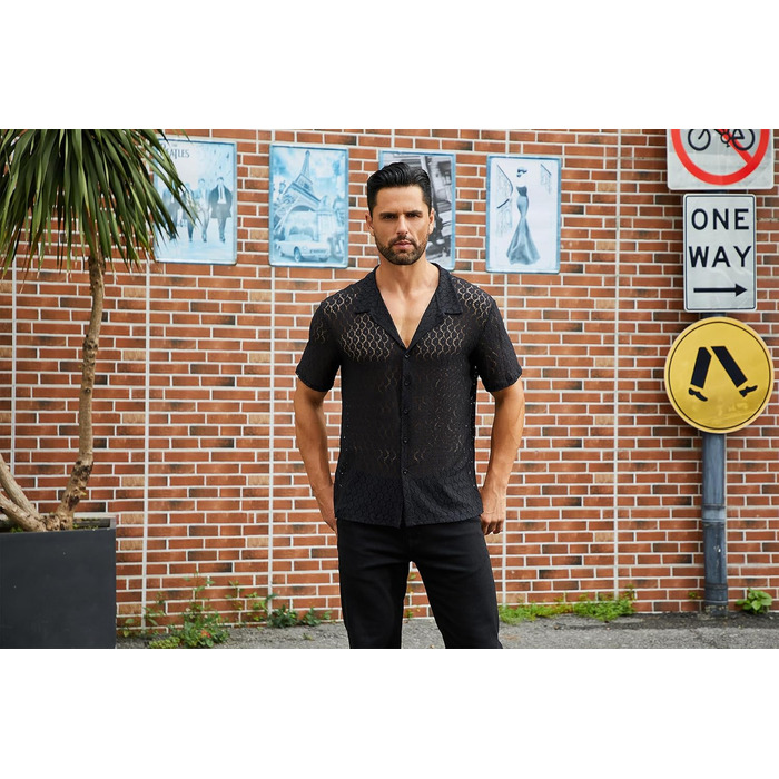 Чоловіча мереживна сорочка ABEHIK, чорна, з короткими рукавами, для вечірок та клубів