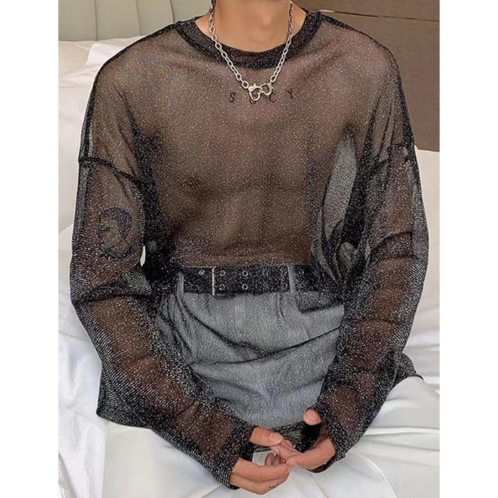 Чоловіча прозора сорочка AIEOE для клубів, мереживна, чорна (XL)