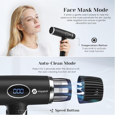 Іонний фен Slopehill 2000W з безщітковим мотором, 110 000 об/хв, LCD-дисплеєм та 3 магнітними дифузорами, складаний дорожній фен, чорний