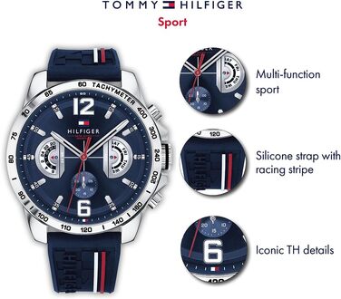 Чоловічий багатофункціональний кварцовий годинник Tommy Hilfiger з силіконовим ремінцем, індикацією дня та дати, водонепроникність 5ATM, Navy Silicone