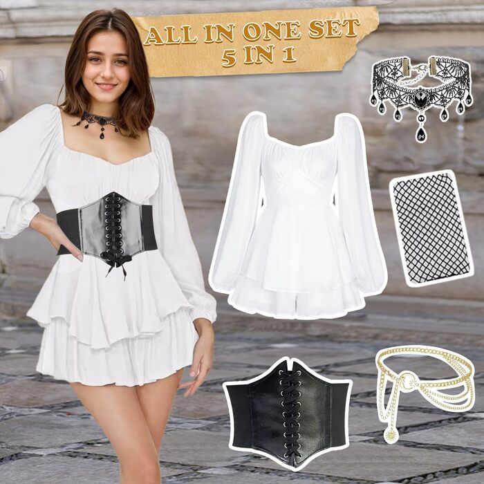 Костюм пірата для жінок, 5 предметів: сукня, таліювання, намисто, пояс, панчохи. Ідеально для Хелловіну, карнавалу, вечірок