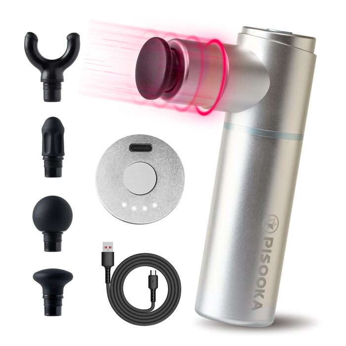 Міні-перкусійний масажер PISOOKA X Mini Massage Gun (66W) — компактний та легкий (350г) масажний пістолет для глибокого масажу м'язів, шиї та спини, 4 насадки, USB-C, сріблястий