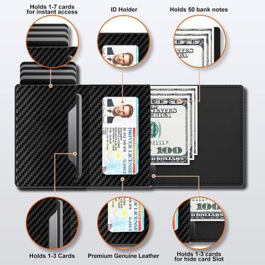 Чоловічий картхолдер dwnkove Slim Wallet з RFID-захистом, відділенням для монет та вікном для ID, смарт-гаманець Pop-Up з карбоновим дизайном, чорний