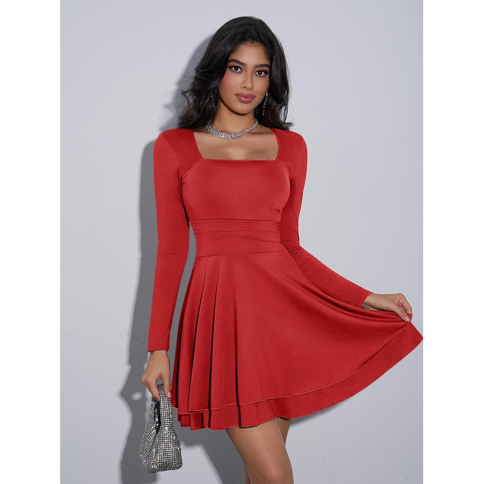 Cicy Bell: Червоне міні-плаття з квадратним вирізом та рюшами, облягаюче, для вечірок (L)