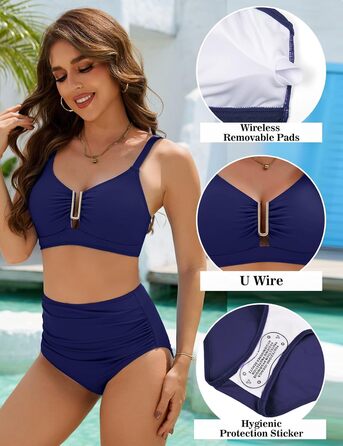 БІКІНІ Daen Set Push Up з високою талією, суцільний двочастинний купальник, сексуальний металевий U-подібний виріз з бантиком, жіночий купальник для плавання (Темно-синій, XXL)