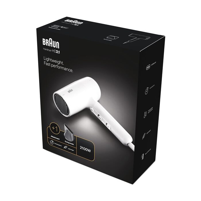 Фен для волосся Braun HD4.2 з дифузором та вузьким соплом, технологія Super IONTEC, 2100 Вт, 3 режими температури та швидкості, чорно-сірий (BRHD210E)