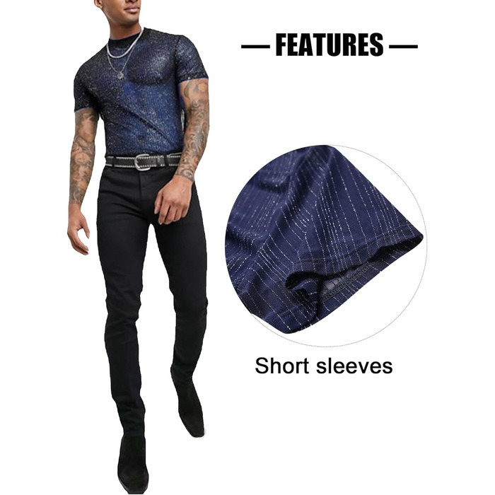 Чоловіча футболка AIEOE з блискітками, дихаюча, клубний стиль, сітка, чорна (3XL, Синій)