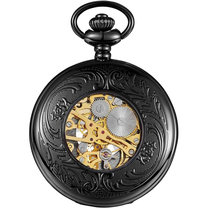 Чоловічий кишеньковий годинник ShoppeWatch з ланцюжком, механічний з ручним заводом, вінтажний стиль стімпанк (чорний)