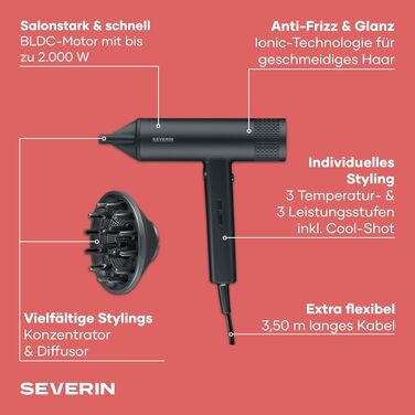 Іонний фен для волосся Severin HT 0172 S-Style, 2000 Вт, з дифузором та концентратором, антифриз-ефект, 3 режими температури та потужності, чорний матовий