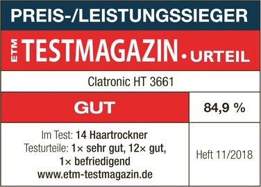 Фен для волосся Clatronic HT 3661, 2200 Вт, з іонізацією, 3 режими роботи, поворотний насадок-дифузор 360° та функцією холодного обдуву