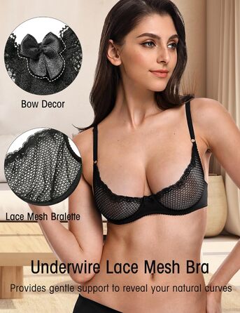Чорний мереживний балконетний бюстгальтер Wingslove 85B з кісточками, м'який, з сіткою, без вставок