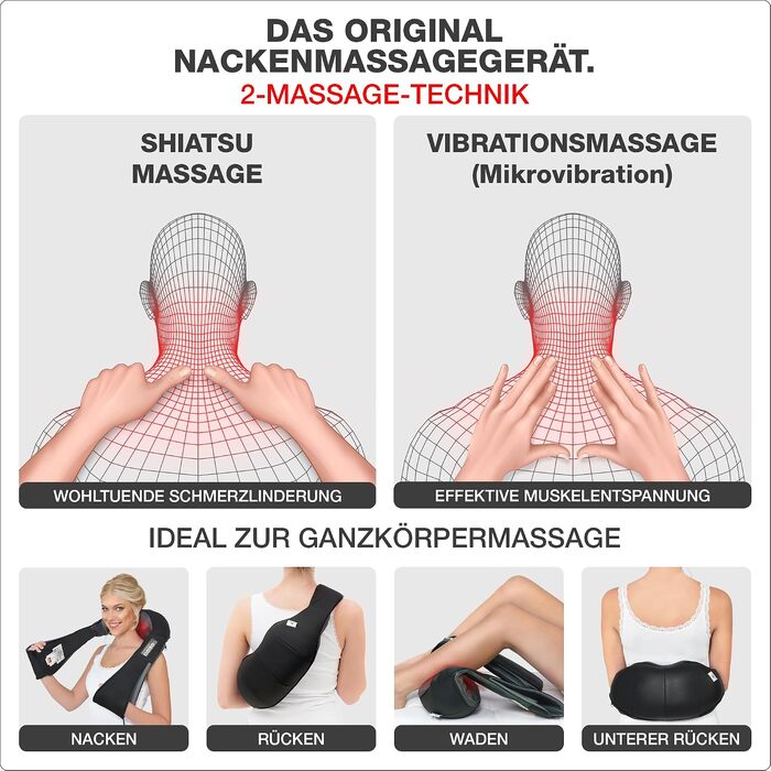 Масажер для шиї та плечей DONNERBERG з функцією прогріву та Shiatsu-масажем, чорний (сертифікований TÜV)