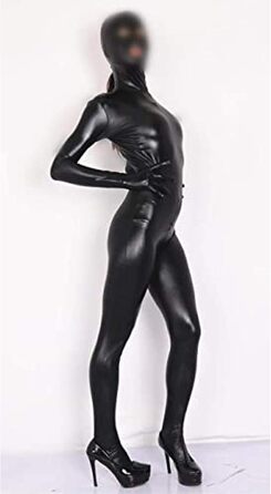 Костюм-комбінезон BESYFAY з лакованої шкіри для жінок, чорний, з капюшоном та рукавичками