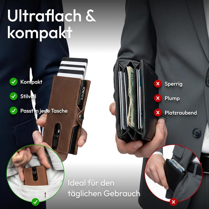 Чоловічий смарт-гаманець SLIMJACK з монетницею та RFID-захистом, шкіряний тримач для кредитних карток з алюмінієвим корпусом, темно-коричневий