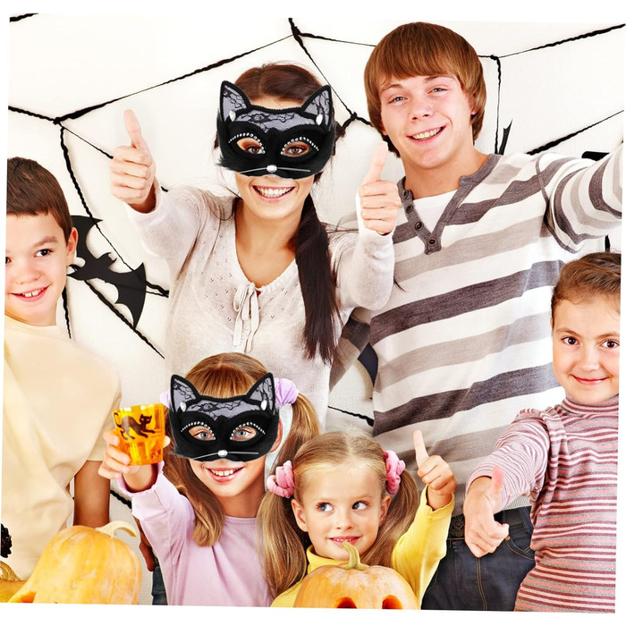 Маска котячого обличчя Holibanna для Хелловіну, 8 шт. - чорна маска, маска для карнавалу, плюшеві маски з мереживом