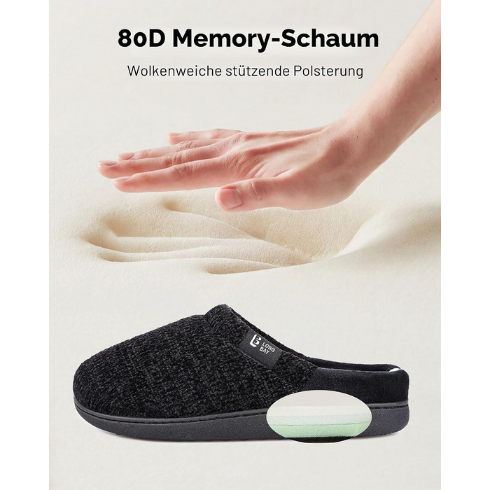 Жіночі домашні капці LongBay з ефектом пам'яті Memory Foam, протиковзаючі зручні тапочки сліпони (розмір 42/43 EU, чорні)