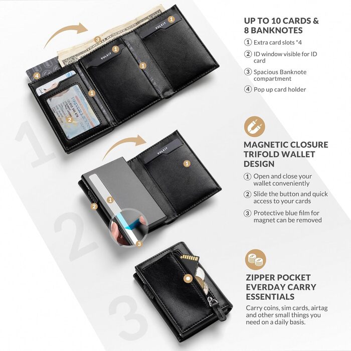 Шкіряний гаманець-картхолдер VULKIT з RFID-захистом, Pop-Up системою, відділенням для купюр, монет та вікном для ID, чорний