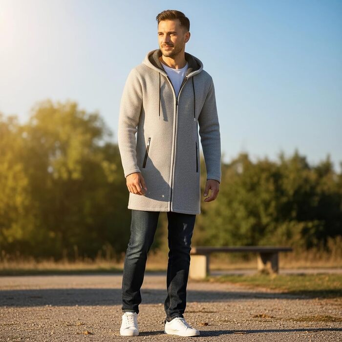 Чоловічий в’язаний кардиган MODFUL з капюшоном та блискавкою, теплий Strickpullover середньої довжини, світло-сірий, розмір M