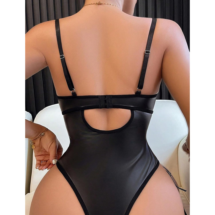 Сексуальний комплект спідньої білизни з екошкіри для жінок: еротичний нігліж та боді, чорний, S-XL