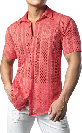 Чоловіча сорочка JOGA з мереживом, короткий рукав, для відпочинку, колір кораловий (XXL)