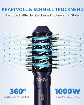 Мультифункціональний стайлер для волосся UKLISS 6 в 1: фен 1000 Вт, круглі щітки, випрямляч та насадки для завивки, синій з золотом