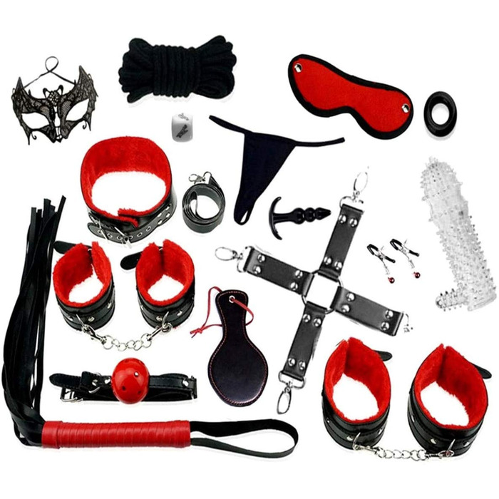 Набір для бонджа 18 предметів: фетши, наручники, маска для очей. SM-набір для початківців та досвідчених, чорний/червоний