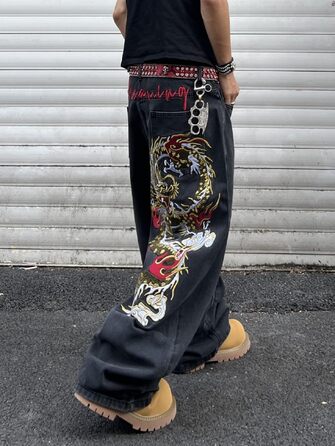Чоловічі джинси Baggy з вишивкою, широкі штани денім (XXL, чорні, A50)